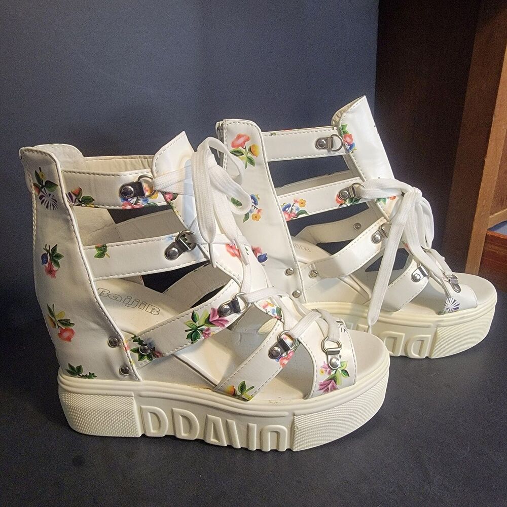 Bravo Sz 7 White Pink Floral Platform Chunky  Wedge Sandals y2k